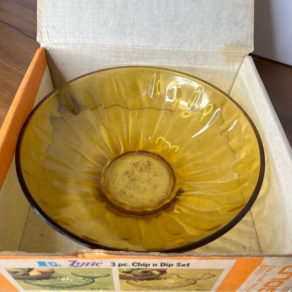 3Pc CHIP'n'DIP Set ~ HazelWare from Lyric Gold / Amber GLASS ~ Vtg MCM - Picture 10 of 12